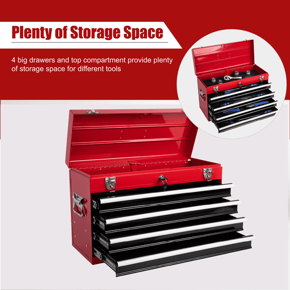 Excelo 21" 4-Drawer Portable Tool Chest, 300 lb Heavy-Duty Lockable Steel Tool Box with EVA-Lined Drawers for Garage & Workshop,Black&Red