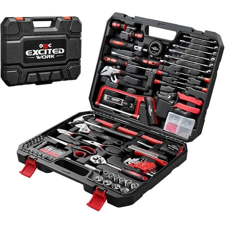 EXCITED WORK 198 Pcs Hand Tool Set, Mechanic Tools Kit with Plastic Storage Case Wrench Screwdriver Saw for Home Maintenance & Automotive Repair