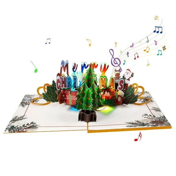 EXCIXING 3D Popup Christmas Tree Card with Light and Music Foldable Greeting Postcard