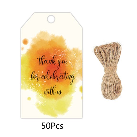 EXCIXING 50Pcs Thank You Paper Tags Watercolor Pattern Hang Labels with Jute String Favor
