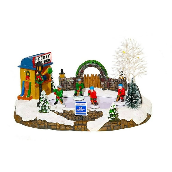 EXCIXING LED Snow Scene Village with Colorful LEDs Ice Hockey Desktop Ornament Decors