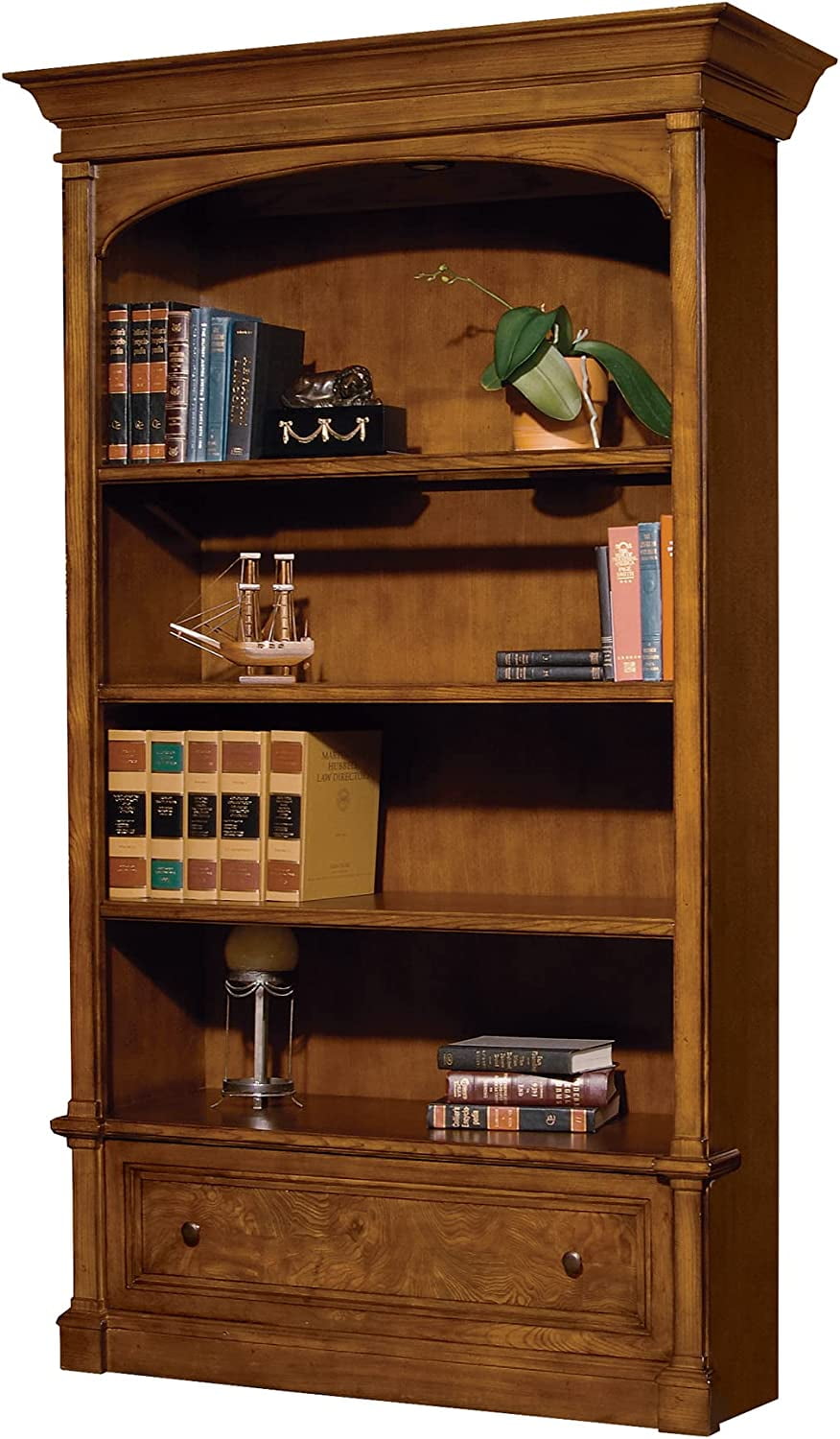 Adjustable Brown Ash Wood 85" Bookcase with Drawers