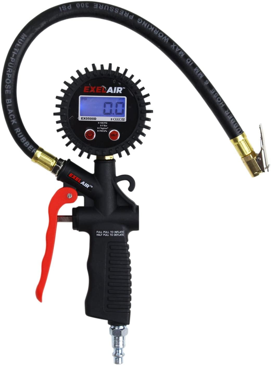 EXELAIR Digital Pistol Grip Tire Inflator Gauge EX0500D, Easy Clip Air