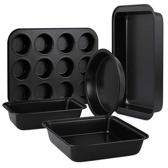 EXERAUO Nonstick 5 Piece Baking Pans Sets for Kitchen,Stackable Bakeware Set,Carbon Steel Baking Set for Oven, Baking Sheet, Muffin, Cake & Loaf Pan,Dishwasher Safe,Black