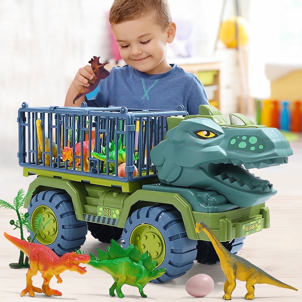 EXERCISE N PLAY Dinosaur Transport Truck Playset Toys with 3 Dino Figures, Large Tyrannosaurus Vehicle Carrier Car Toys for Boys Ages 3+