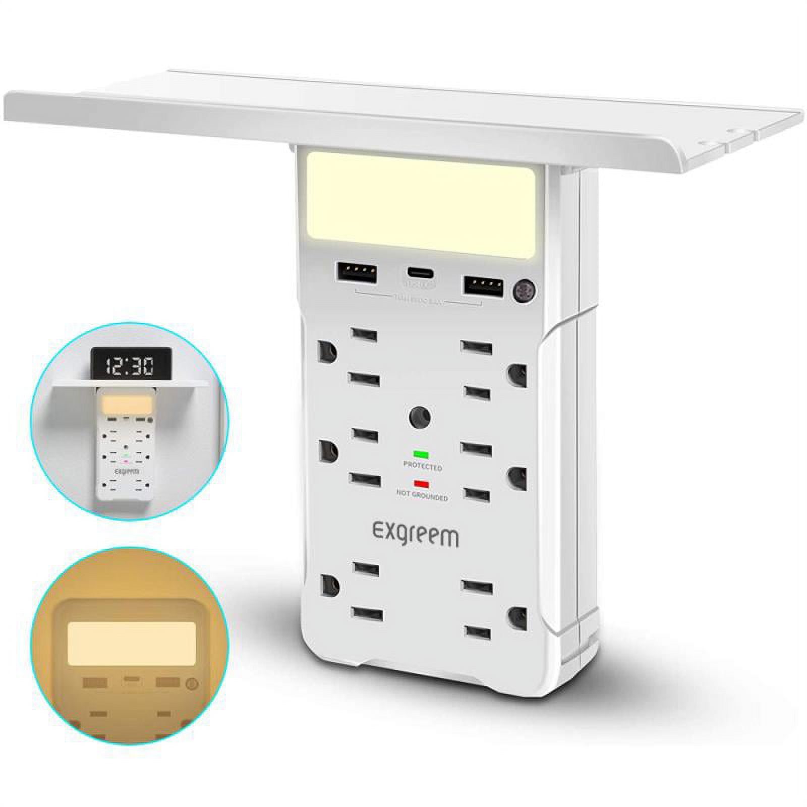 EXGREEM Socket Shelf 8 Port Surge Protector Wall Outlet with USB C