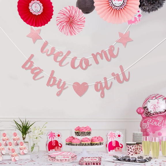 EXHUMKY 1 Set Baby Shower Banner for Girl Pink Paper Party Decoration Women Parents
