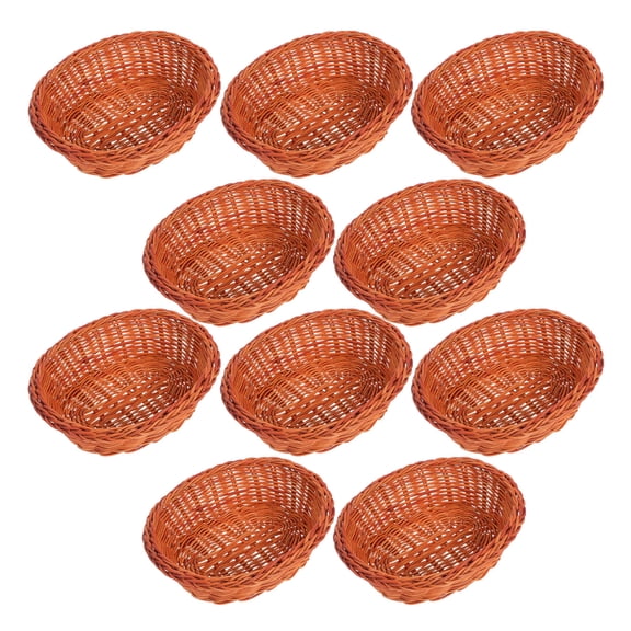 EXHUMKY 10Pcs Hand Woven Brown Rattan Bread Basket Oval Food Organizer for Kitchen Storage