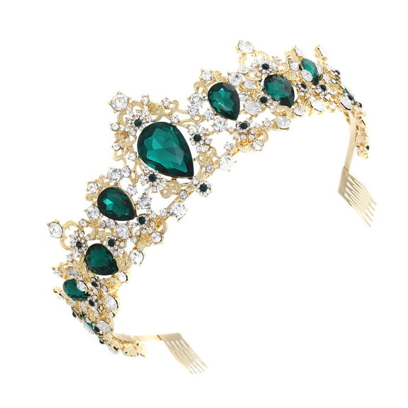 EXHUMKY 1Pc Green Wedding Crown with Comb Crystal Rhinestone Bridal Hair Accessory for Decoration