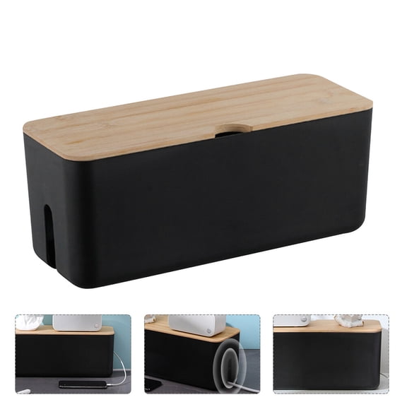 EXHUMKY Cable Organizer Case Black Plastic with Wooden Cover for Home Cable Management