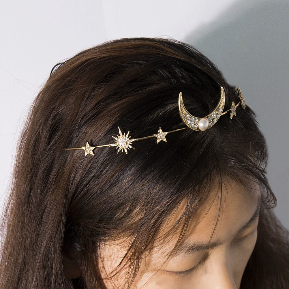 Star Moon Wedding Hair Band Rhinestone Crown Bridal Headpiece for Women Star Moon Crown Rhinestone Headband Goddess Tiaras  main image 4