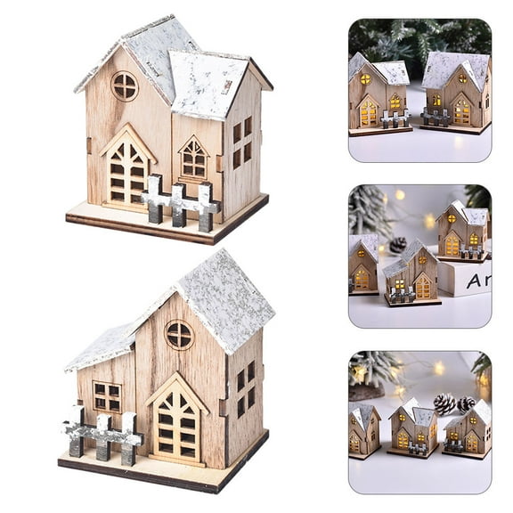 EXHUMKY 2Pcs Miniature Wood Village Christmas Luminous Wood Small House Wood Color Festival Atmosphere