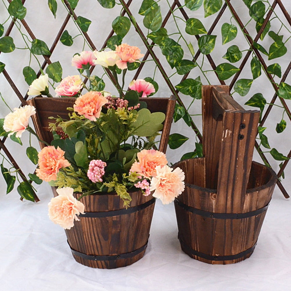 EXHUMKY Rustic Dark Brown Wooden Hanging Planter Set of 2 for and Cactus Indoor Outdoor Decorative Pots
