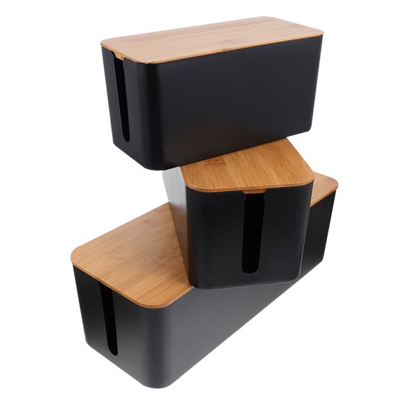 EXHUMKY 3Pcs Power Strip Storage Box for Home Theater Cable Organizer, Neutral Black Style, Bamboo Plastic