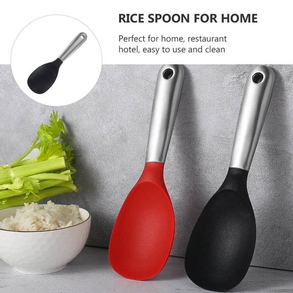 EXHUMKY Black Silicone and Stainless Steel Rice Spoon with Hanging Hole for Home Use