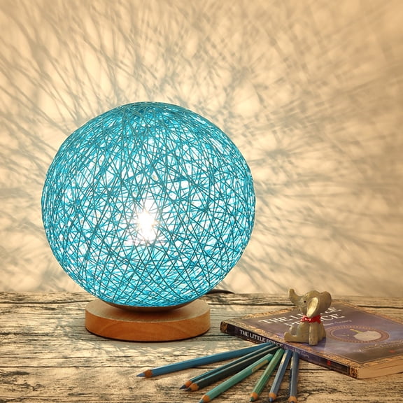 EXHUMKY Blue Rattan Ball Table Lamp with USB Charger Energy Efficient Dimming Night Light for Bedroom Size 11.8x11.8x6.3 Inches