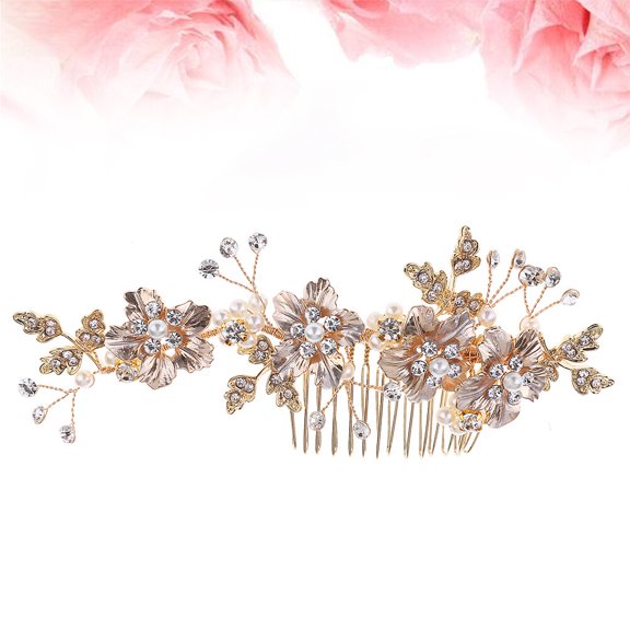 EXHUMKY Golden Wedding Hair Comb Leaf Design Handmade Bridal Hair Accessory for Updo