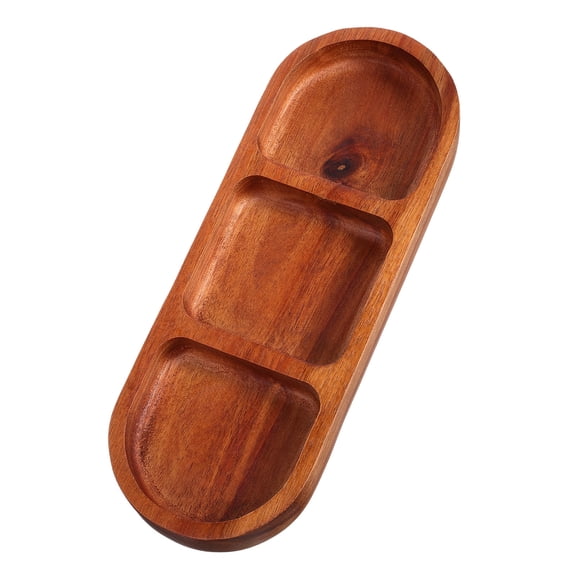 EXHUMKY Natural Solid Acacia Wood Condiment Dish with Three Sectioned Plates for Dining