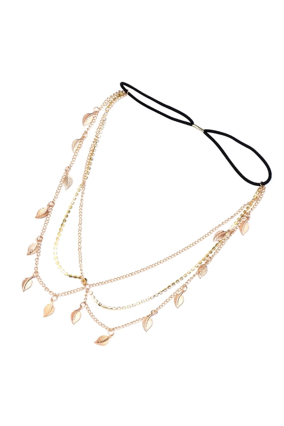 Golden Alloy Leaf Headpiece Chain Headband Rhinestone Forehead Chain for Beach Party