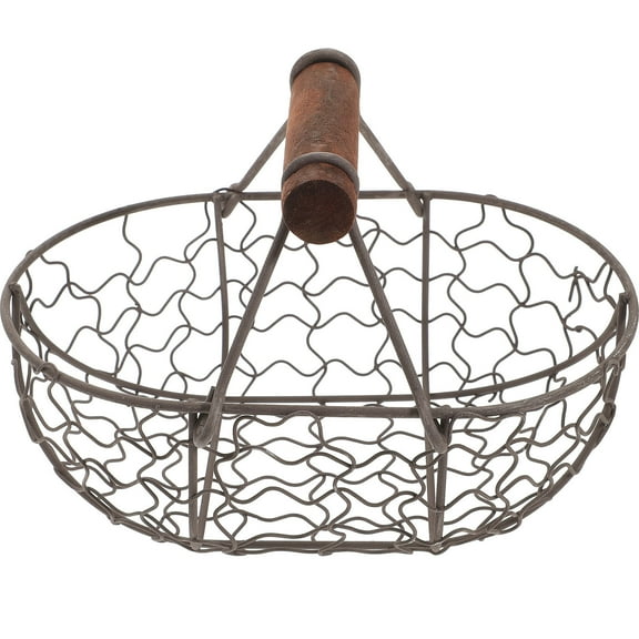 EXHUMKY Rustic Metal Wire Basket with Wooden Handles, Kitchen Storage Organizer for Eggs and Produce