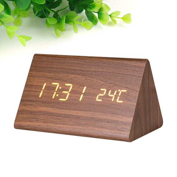 EXHUMKY Wood Digital Alarm Clock Brown LED Display with Temperature and Time Modes