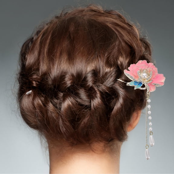 EXHUMKY Chinese Style Enamel Hairpin with Peony Flower for Traditional Hair Decoration