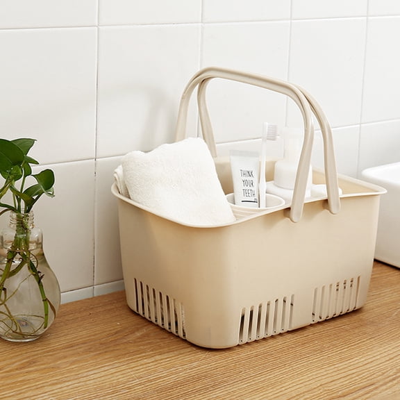 EXHUMKY PP Shower Organizer Small Rectangular Bath Basket Beige with Water Drainage 1 Piece