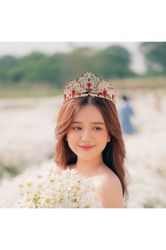 Bridal Floral Headpiece Red Rhinestone Crown for Wedding Events