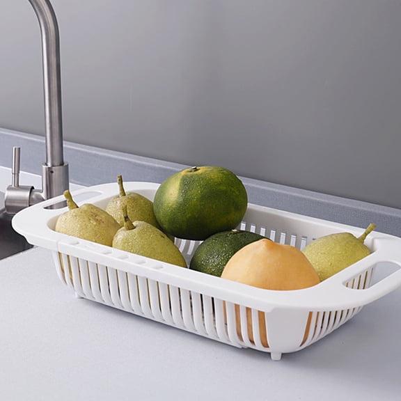 EXHUMKY Adjustable Kitchen Sink Basket with White Plastic Dish Drying Rack for Efficient Countertop Organization