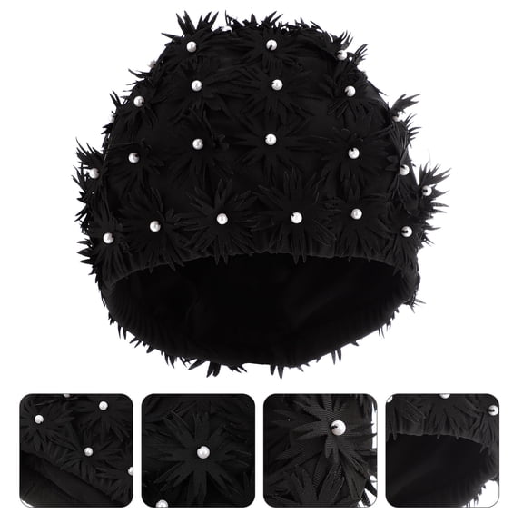 EXHUMKY Women's Swimming Cap Black with 3D Flower Design Comfortable Swim Hat