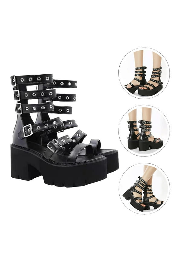 1Pair Black Thick Bottom Sandals PU Rubber High Heeled Female Summer Shoes