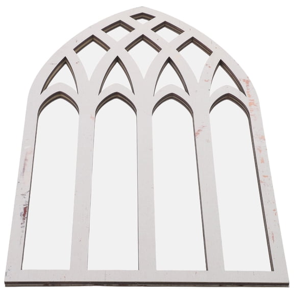 EXHUMKY White Decorative Arch Window Mirror Wall Decor with Farmhouse Rustic Wood Texture