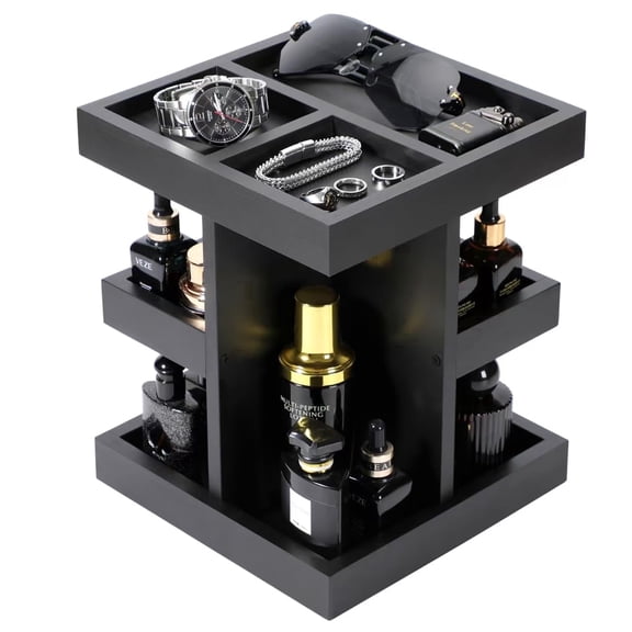 TeSabMi 3 Tier Rotating Cologne Organizer for Men, Black Wood Perfume Display Stand, Dresser and Nightstand Organizer, Fathers Day Gift for Dad