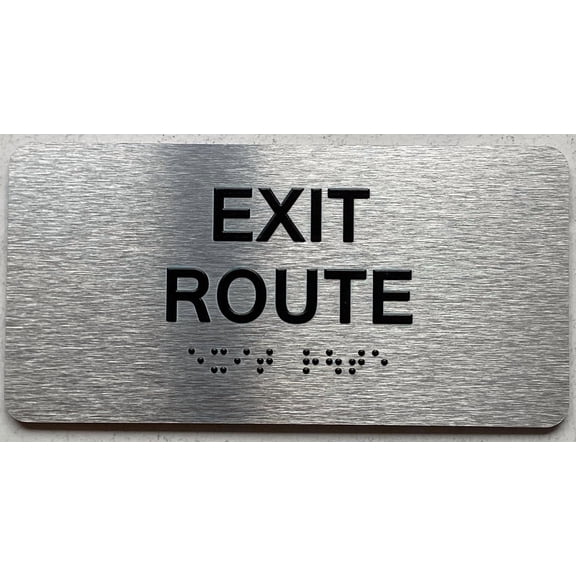 EXIT ROUTE SIGN WITH RAISED LETTERS/IMAGE & GRADE 2 BRAILLE - INCLUDES RED ADHESIVE PAD FOR EASY INSTALLATION (4" W X 8" H,BRUSHED ALUMINUM/SILVER, TACTICLE SIGN) - THE PARK AVE LINE