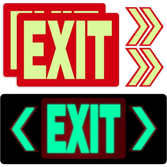 EXIT Sign Glow in the Dark Emergency Exit Sign, 2 Pack 10"x7" Vinyl Stickers With 4 Directional Arrows Photoluminescent Signs, Visible Up To 8 Hours for Business, Office, School