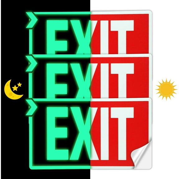 EXIT Signs Glow In The Dark EXIT Decals 3 Pack 12"x7" EXIT Photoluminescent Signs Stickers, Glows For Up To 8 Hours