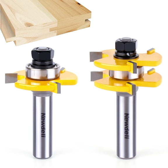 EXLEAF 1/2" Shank Tongue and Router Bit Set 2Pcs Router Bits 3/4" Stock 1/2" Cutting Depth Adjustable Tongue Router Bits T Shape 3 Teeth Wood Milling Cutter Woodworking Tool