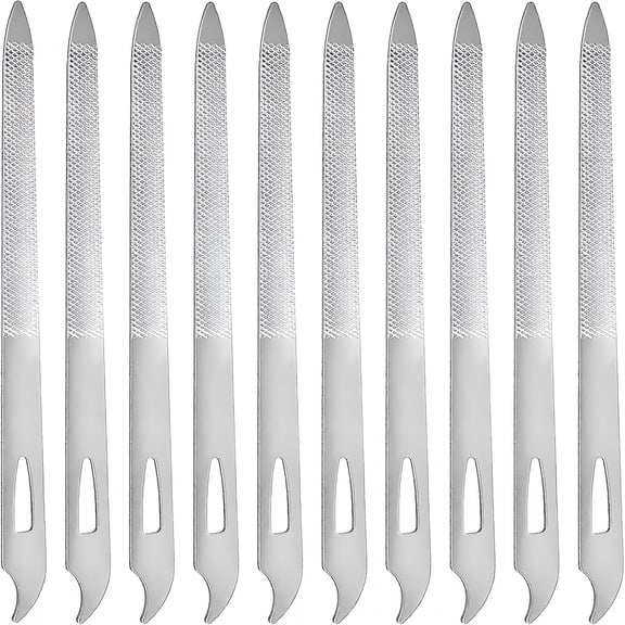EXLEAF 10-Pack Stainless Steel Nail Files for Natural Nails, Thin Metal Manicure Pedicure Tools with Curved Pointed Tip, Double-Sided Fine Grit for Shaping Smoothing Cleaning