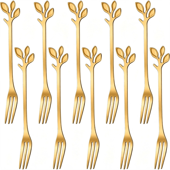 EXLEAF 10-Piece Gold Leaf Dessert Forks Set-4.7" Mini Cocktail Forks|Stainless Steel Forks,Appetizer Forks,Fruit Forks,Cake Forks,Salad Forks,Small Fork,Parties&Home Use