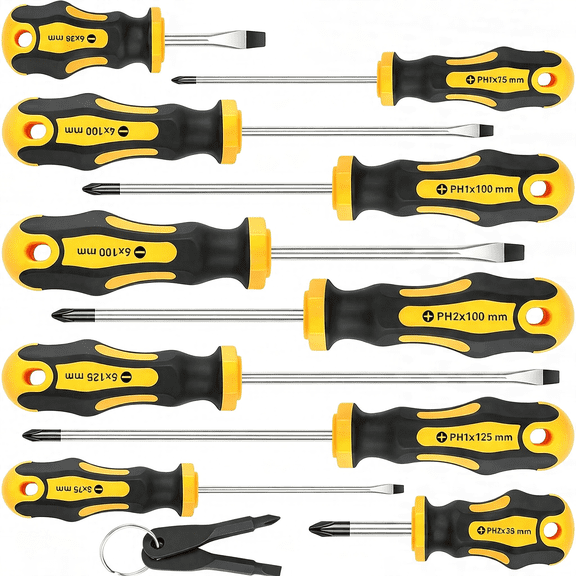EXLEAF 10-Piece Magnetic Screwdrivers Set,5 Phillips and 5 Slotted Tips Professional Cushion Grip Screwdriver Set 2Pcs Portable Multifunction Key Mini Screwdriver (Yellow)