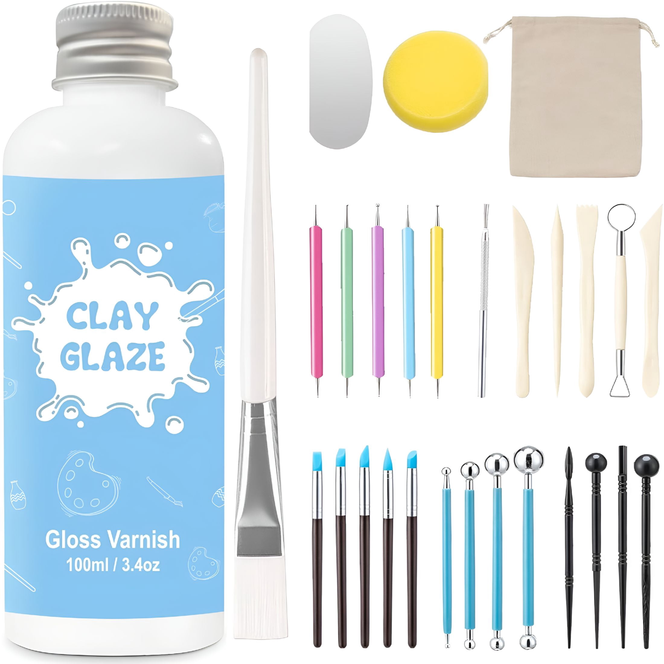 EXLEAF 100Ml Air Dry Clay Glaze and 29Pcs Clay Tools Kit,Gloss Clay Varnish Protects Clay From Surface Wear,Pottery Tools for Stippling,Carving,Molding,and Shaping Clay Crafts