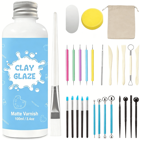 EXLEAF 100ml Air Dry Clay Glaze and 29pcs Clay tools kit, Matte Clay Varnish Protects Clay from Surface Wear, Pottery Tools Can be Used for Stippling, Carving, Molding, and Shaping Clay Crafts