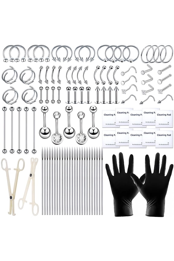 103Pcs Piercing Kit for All Body Piercings Stainless Steel Piercing Jewelry with 12G 14G 16G 20G Piercing Needles and Tools for Nose Septum Belly Button Lip Ear Tongue Cartilage Eyebrow