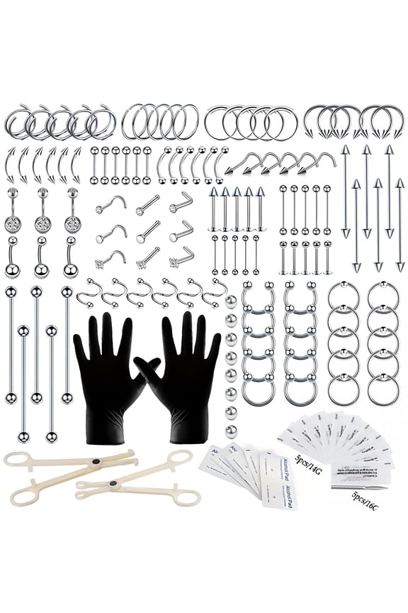104Pcs Body Septum Piercing Kit with 14G/16G/20G Piercing Needles Piercing Jewelry and Tool Set for Ear Nose Belly Button Nipple Lip Cartilage Eyebrow Tongue Navel