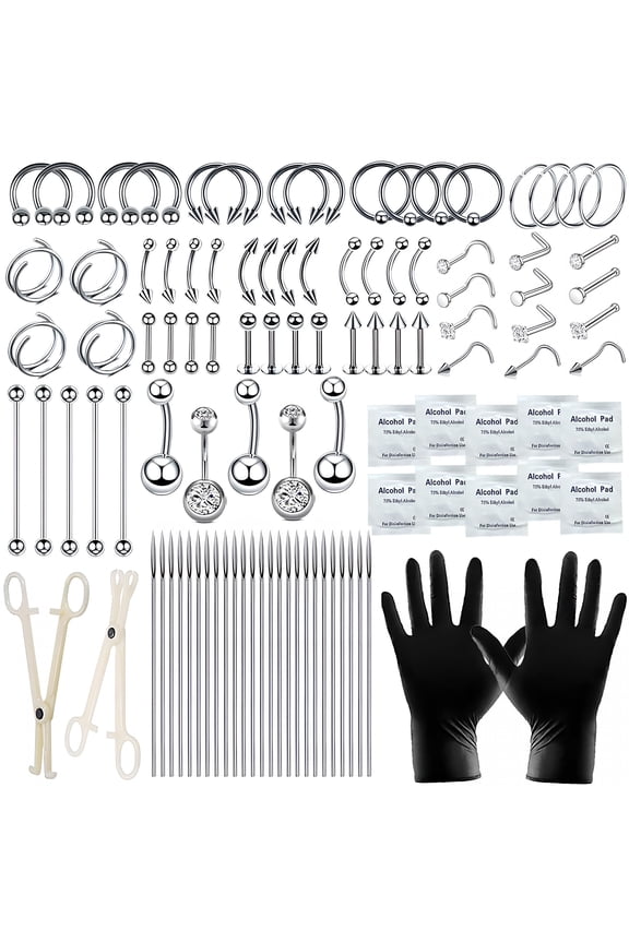 110Pcs Piercing Kit for All Body Piercings with Piercing Tools for Eyebrow Nose Ear Septum Belly Button Lip Tongue Cartilage and More with 12G 14G 16G 20G Piercing Needles