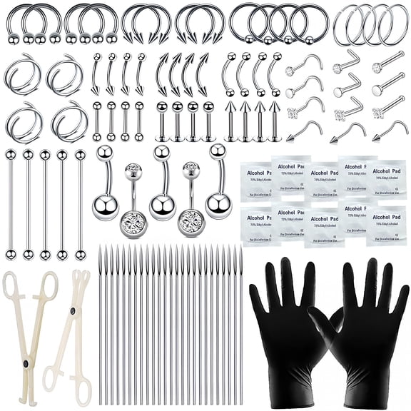 EXLEAF 110Pcs Piercing Kit for All Body Piercings with Piercing Tools for Eyebrow Nose Ear Septum Belly Button Lip Tongue Cartilage and More with 12G 14G 16G 20G Piercing Needles