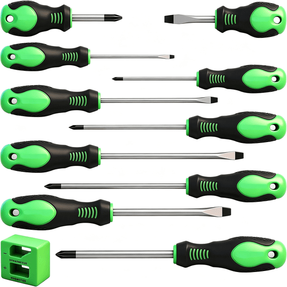 EXLEAF 11Pcs Screwdriver Set, Magnetic 5 Phillips and 5 Flat Head Tips for Fastening and Loosening Seized Magnetic 5 Phillips and 5 Flat Head Tips Screw Driver Set (11Pcs)