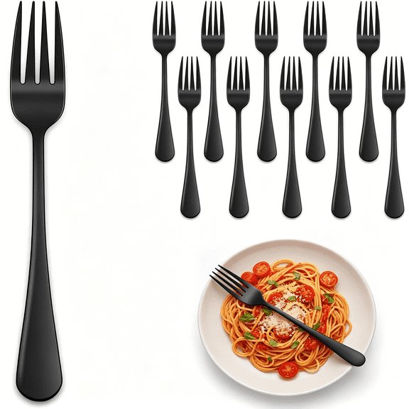 EXLEAF 12 Piece Black Dinner Forks Set,8 Inch Stainless Steel Forks,Mirror Polished Silverware Forks,Metal Fork Set,Dishwasher Safe for Kitchen Restaurant