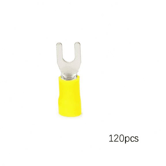 EXLEAF 120Pcs Insulated Fork Spade Wire Connectors - Yellow 12-10 Awg M4 Stud Size #8 - Tinned Red Copper - U-Type Electrical Crimp Terminals Spade Terminals