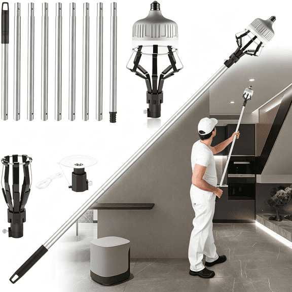 EXLEAF 12Ft Light Bulb Changer for High Ceilings,High Reach Light Bulb Removal Tool with Baskets&Suction Cup&Pole Extension for Recessed Lights&Standard Bulbs